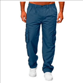 Men's Casual Multi-pocket Loose Straight Cargo Pants (Option: Denim blue-L)
